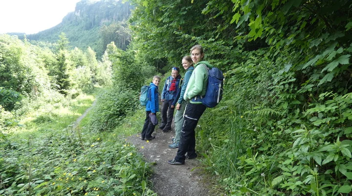 Jugendtour Wildpark Feldkirch | © DAV-FN / Sandra Knefel Vier jugendliche Wandernde auf einem Weg am Waldrand | © DAV-FN / Sandra Knefel